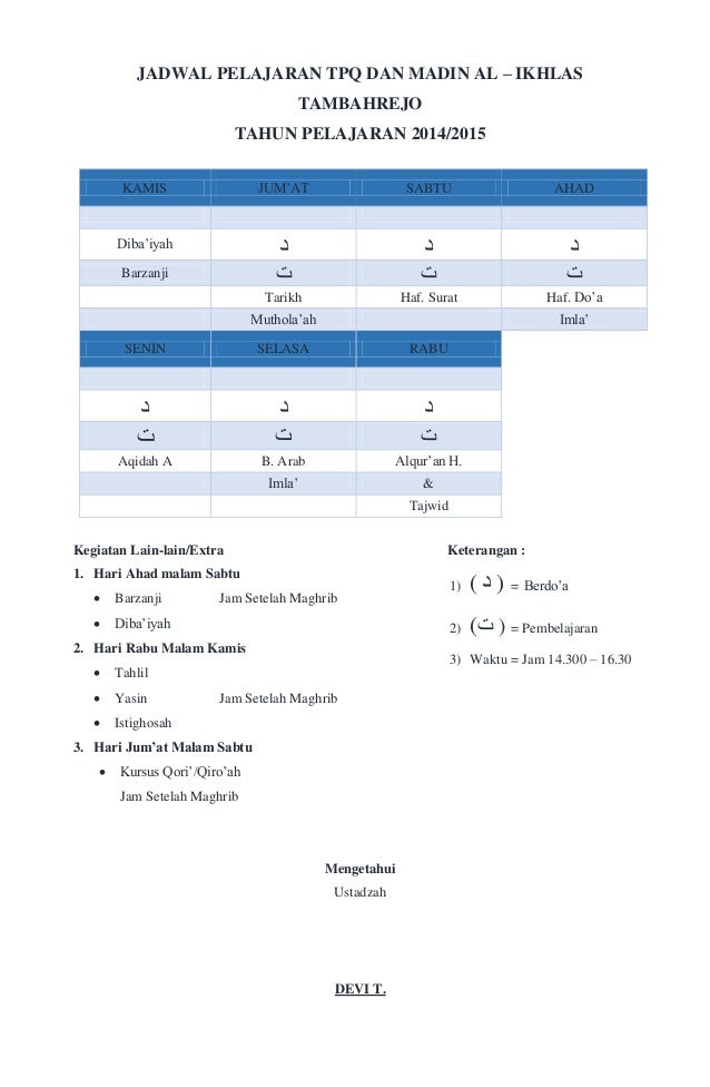 Jadwal Pelajaran Tpq Dan Madin Al