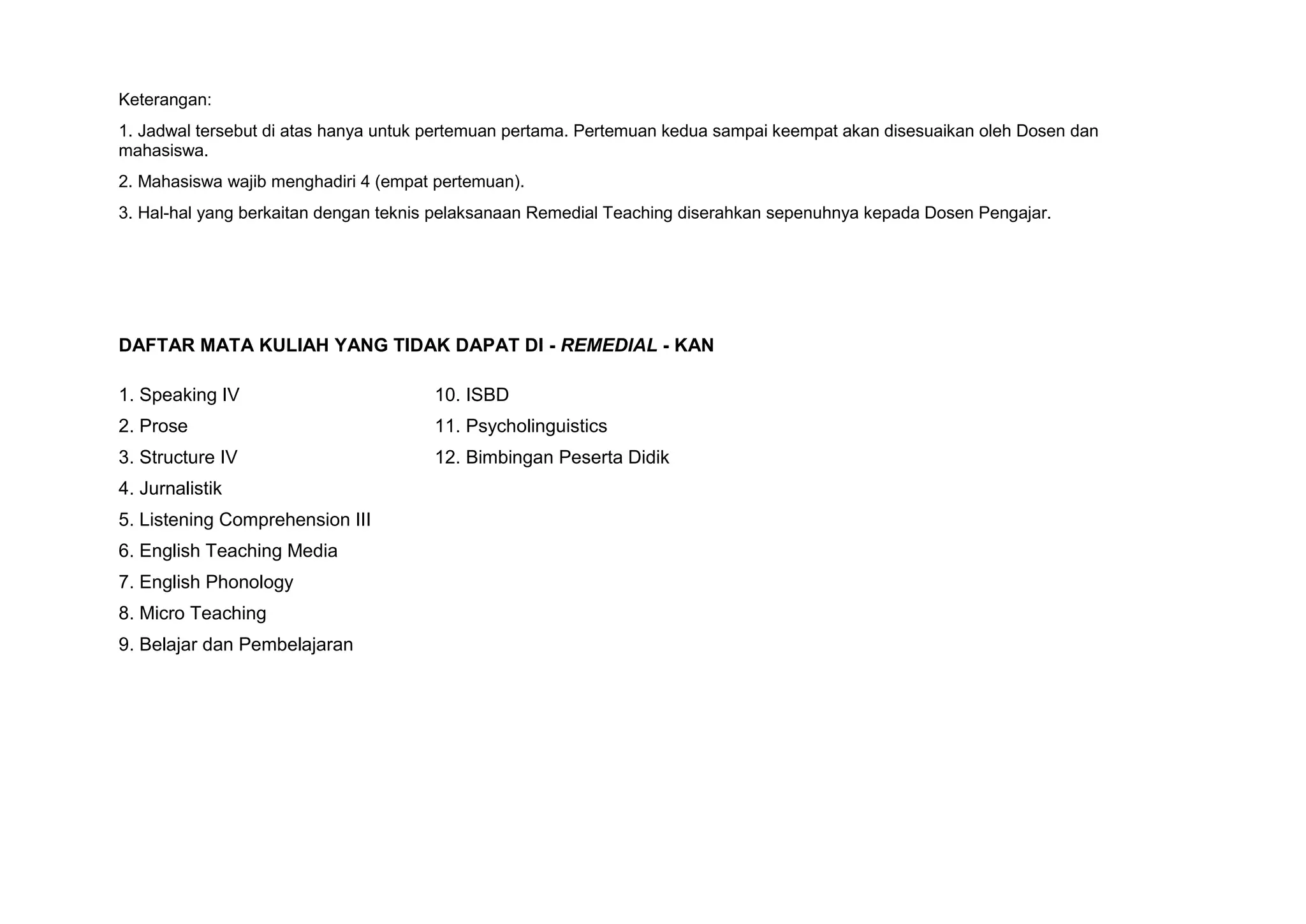 Keterangan:
1. Jadwal tersebut di atas hanya untuk pertemuan pertama. Pertemuan kedua sampai keempat akan disesuaikan oleh Dosen dan
mahasiswa.
2. Mahasiswa wajib menghadiri 4 (empat pertemuan).
3. Hal-hal yang berkaitan dengan teknis pelaksanaan Remedial Teaching diserahkan sepenuhnya kepada Dosen Pengajar.




DAFTAR MATA KULIAH YANG TIDAK DAPAT DI - REMEDIAL - KAN

1. Speaking IV                        10. ISBD
2. Prose                              11. Psycholinguistics
3. Structure IV                       12. Bimbingan Peserta Didik
4. Jurnalistik
5. Listening Comprehension III
6. English Teaching Media
7. English Phonology
8. Micro Teaching
9. Belajar dan Pembelajaran
 