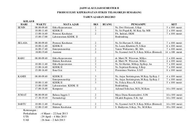 Jadwal S1 Ilmu Keperawatan Semester Ii Kelas B Stikes Telogorejo S