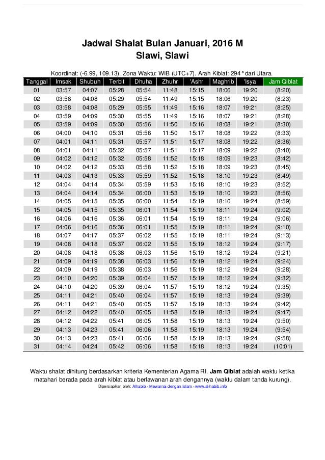 Jadwal Sholat Tahun 2016 Slawi Slawi