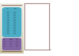 ss
SB AMB
09.00 09.30
10.00 10.30
11.00 11.30
12.00 12.30
13.00 13.30
14.00 14.30
15.00 15.30
16.00 16.30
17.00 17.30
18.00 18.30
19.00 19.30
20.00 20.30
21.00 21.30
22.00 22.30
SB AMB KG
07.30 08.00 10.00
12.00 12.30 14.30
16.30 17.00 19.00
 