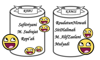KAMIS RABU 
RoudatunNiswah 
SitiHalimah 
M. AlifZaelani 
Mulyadi 
Safitriyani 
M. Sudrajat 
Ropi’ah 
 