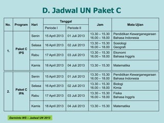 D. Jadwal UN Paket C
                                      Tanggal
No.   Program    Hari                                        Jam                     Mata Ujian
                          Periode I       Periode II
                                                         13.30 – 15.30   Pendidikan Kewarganegaraan
                 Senin    15 April 2013   01 Juli 2013
                                                         16.00 – 18.00   Bahasa Indonesia
                                                         13.30 – 15.30   Sosiologi
                 Selasa   16 April 2013   02 Juli 2013
                                                         16.00 – 18.00   Geografi
      Paket C
1.
        IPS                                              13.30 – 15.30   Ekonomi
                 Rabu     17 April 2013   03 Juli 2013   16.00 – 18.00   Bahasa Inggris

                 Kamis    18 April 2013   04 Juli 2013   13.30 – 15.30   Matematika

                                                         13.30 – 15.30   Pendidikan Kewarganegaraan
                 Senin    15 April 2013   01 Juli 2013
                                                         16.00 – 18.00   Bahasa Indonesia
                                                         13.30 – 15.30   Biologi
                 Selasa   16 April 2013   02 Juli 2013
                                                         16.00 – 18.00   Kimia
      Paket C
2.
        IPA                                              13.30 – 15.30   Fisika
                 Rabu     17 April 2013   03 Juli 2013   16.00 – 18.00   Bahasa Inggris

                 Kamis    18 April 2013   04 Juli 2013   13.30 – 15.30   Matematika


  Darminto WS – Jadwal UN 2013
 