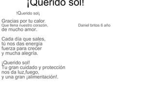 ¡Querido sol!
!Querido sol¡
Gracias por tu calor,
Que llena nuestro corazón, Daniel britos 6 año
de mucho amor.
Cada día que sales,
tú nos das energía
fuerza para crecer
y mucha alegría.
¡Querido sol!
Tu gran cuidado y protección
nos da luz,fuego,
y una gran ¡alimentación!.