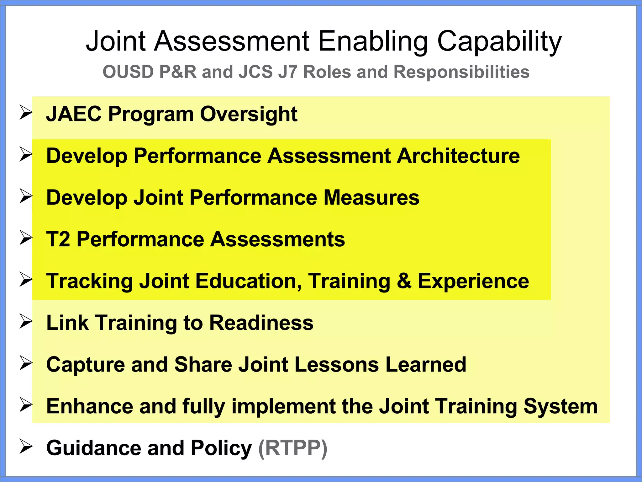 Joint Assessment Enabling Capability OUSD P&R and JCS J7 Roles and Responsibilities   JAEC Program Oversight  Develop Performance Assessment Architecture Develop Joint Performance Measures T2 Performance Assessments  Tracking Joint Education, Training & Experience Link Training to Readiness Capture and Share Joint Lessons Learned Enhance and fully implement the Joint Training System Guidance and Policy  (RTPP) 
