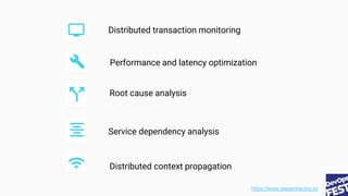 Distributed transaction monitoring
Performance and latency optimization
Root cause analysis
Service dependency analysis
Di...