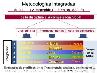 Metodologías integradas   de lengua y contenido (inmersión, AICLE) … de la disciplina a la competencia global 1 2 3 4 n Es...