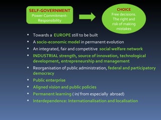Towards a  EUROPE  still to be built A  socio-economic model  in permanent evolution  An integrated, fair and competitive  social welfare network INDUSTRIAL strength, source of innovation, technological development, entrepreneurship and management Reorganisation of public administration,  federal and participatory democracy  Public enterprise Aligned vision and public policies Permanent learning  ( in/ from especially  abroad) Interdependence: Internationalisation and localisation SELF-GOVERNMENT Power-Commitment-Responsibility CHOICE Free decisions. The right and risk of making mistakes 