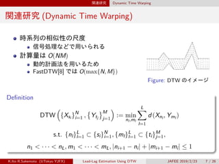 関連研究 Dynamic Time Warping
関連研究 (Dynamic Time Warping)
時系列の相似性の尺度
信号処理などで用いられる
計算量は O(NM)
動的計画法を用いるため
FastDTW[8] では O(max{N, M})
Figure: DTW のイメージ
Definition
DTW
(
{Xsi }N
i=1 ,
{
Ytj
}M
j=1
)
:= min
nl,ml
L∑
l=1
d (Xnl
, Yml
)
s.t. {nl}L
l=1 ⊂ {si}N
i=1, {ml}L
l=1 ⊂ {ti}M
j=1,
n1 < · · · < nL, m1 < · · · < mL, |ni+1 − ni| + |mi+1 − mi| ≤ 1
K.Ito R.Sakemoto (UTokyo YJFX) Lead-Lag Estimation Using DTW JAFEE 2019/2/23 7 / 26
 