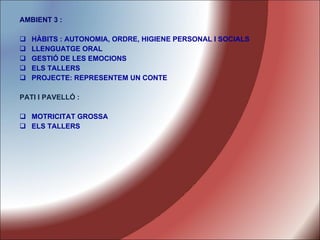 AMBIENT 3 :  HÀBITS : AUTONOMIA, ORDRE, HIGIENE PERSONAL I SOCIALS LLENGUATGE ORAL GESTIÓ DE LES EMOCIONS ELS TALLERS PROJECTE: REPRESENTEM UN CONTE PATI I PAVELLÓ : MOTRICITAT GROSSA ELS TALLERS 