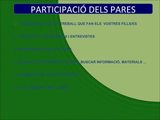 INTERESSAR-VOS PEL TREBALL QUE FAN ELS  VOSTRES FILLS/ES ASSISTIR A LES REUNIONS I ENTREVISTES PARTICIPAR EN ELS TALLERS AJUDAR ALS VOSTRES FILLS/ES A BUSCAR INFORMACIÓ, MATERIALS ... ACOMPANYAR  EN LES SORTIDES COL·LABORAR  AMB L’AMPA  PARTICIPACIÓ DELS PARES 