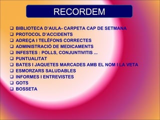 BIBLIOTECA D’AULA- CARPETA CAP DE SETMANA PROTOCOL D’ACCIDENTS ADREÇA I TELÈFONS CORRECTES ADMINISTRACIÓ DE MEDICAMENTS INFESTES : POLLS, CONJUNTIVITIS ... PUNTUALITAT  BATES I JAQUETES MARCADES AMB EL NOM I LA VETA ESMORZARS SALUDABLES INFORMES I ENTREVISTES GOTS BOSSETA RECORDEM 