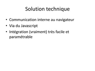 Solution technique<br />Communication interne au navigateur<br />Via du Javascript<br />Intégration (vraiment) très facile...