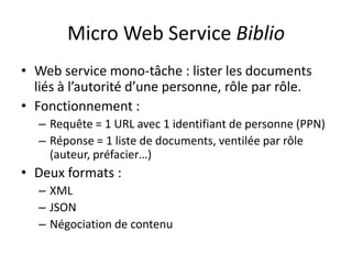 Micro Web Service Biblio<br />Web service mono-tâche : lister les documents liés à l’autorité d’une personne, rôle par rôl...