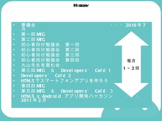 History 準備会 ・・・ 2010 年 7 月 第一回 MTG 第二回 MTG 初心者向け勉強会　第一回 初心者向け勉強会　第二回 初心者向け勉強会　第三回 初心者向け勉強会　第四回 丸山先生を囲む会 第三回 MTG 　＆　 Developers’ Café 1 Developers’ Café 2 HTML5 でスマートフォンアプリを作ろう 第四回 MTG 第五回 MTG 　＆　 Developers’ Café  ３ HTML5 x Android  アプリ開発ハッカソン ・・・ 2011 年 2 月　 毎月 1 ～ 2 回 