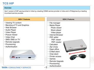 - 9 -
TCS HIP
Gen1 version of HIP was launched in India by a leading CDMA service provider in India and in Philippines by a leading
incumbent service provider.
Overview
• File manager
• Media Player
Photo viewer
Music player
Video player
• Internet Browser
• PDF editor
PDF viewer
PDF creator
• Calculator
• Zip/ Unzip
• Open office
• E-Mail client
• Chat client
• Printer access
• Games
• Remote Upgrade
• Provisioning
• Authentication
• Viewing TV content
• Blending of TV and Graphics
• Web Browser
• Audio Player
• Video Player
• Picture Viewer
• Video Chat
• SMS/ SMS on TV
• Remote Upgrade
• Provisioning
• Authentication
GEN 1 Features GEN 2 Features
 