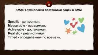 SMART-технология постановки задач в SMM
Specific - конкретная;
Measurable - измеримая;
Achievable - достижимая;
Realistiс - реалистичная;
Timed - определенная по времени.
 