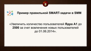 Пример правильной SMART-задачи в SMM
«Увеличить количество пользователей Ядра А1 до
2500 за счет вовлечения новых пользователей
до 01.06.2014».
 