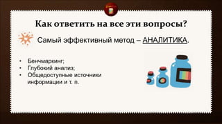 Самый эффективный метод – АНАЛИТИКА.
• Бенчмаркинг;
• Глубокий анализ;
• Общедоступные источники
информации и т. п.
Как ответить на все эти вопросы?
 