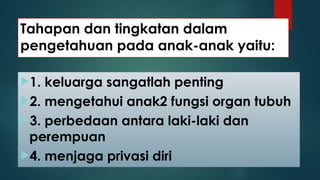 Tahapan dan tingkatan dalam
pengetahuan pada anak-anak yaitu:
1. keluarga sangatlah penting
2. mengetahui anak2 fungsi organ tubuh
3. perbedaan antara laki-laki dan
perempuan
4. menjaga privasi diri
 