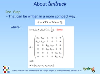 About timtrack
2nd. Step
- That can be written in a more compact way:


   where:
                                                          Saeta




    Juan A. Garzón: 2nd. Workshop on the Trasgo Project. S. Compostela Feb. 5th-6th. 2010
 