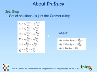 About timtrack
3rd. Step
 - Set of solutions (is just the Cramer rule):




                                                               where:




    Juan A. Garzón: 2nd. Workshop on the Trasgo Project. S. Compostela Feb. 5th-6th. 2010
 