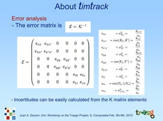 About timtrack
Error analysis
- The error matrix is




- Incertitudes can be easily calculated from the K matrix elements


    Juan A. Garzón: 2nd. Workshop on the Trasgo Project. S. Compostela Feb. 5th-6th. 2010
 
