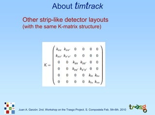 About timtrack
   Other strip-like detector layouts
   (with the same K-matrix structure)




Juan A. Garzón: 2nd. Workshop on the Trasgo Project. S. Compostela Feb. 5th-6th. 2010
 