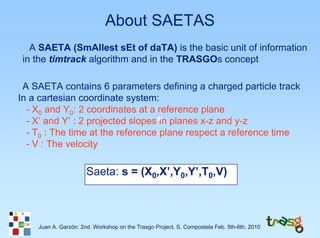 About SAETAS
   A SAETA (SmAllest sEt of daTA) is the basic unit of information
 in the timtrack algorithm and in the TRASGOs concept

 A SAETA contains 6 parameters defining a charged particle track
In a cartesian coordinate system:
  - X0 and Y0: 2 coordinates at a reference plane
  - X’ and Y’ : 2 projected slopes in planes x-z and y-z
  - T0 : The time at the reference plane respect a reference time
  - V : The velocity

                      Saeta: s = (X0,X’,Y0,Y’,T0,V)



    Juan A. Garzón: 2nd. Workshop on the Trasgo Project. S. Compostela Feb. 5th-6th. 2010
 