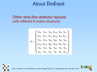 About timtrack

Other strip-like detector layouts
(with different K-matrix structure)




Juan A. Garzón: 2nd. Workshop on the Trasgo Project. S. Compostela Feb. 5th-6th. 2010
 