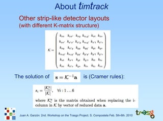 About timtrack
 Other strip-like detector layouts
 (with different K-matrix structure)




The solution of                                   is (Cramer rules):




  Juan A. Garzón: 2nd. Workshop on the Trasgo Project. S. Compostela Feb. 5th-6th. 2010
 