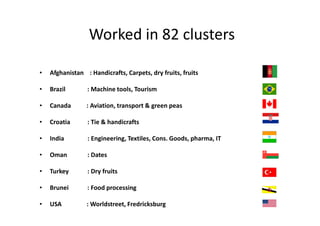 Worked in 82 clusters
• Afghanistan : Handicrafts, Carpets, dry fruits, fruits
• Brazil : Machine tools, Tourism
• Canada : Aviation, transport & green peas
• Croatia : Tie & handicrafts
• India : Engineering, Textiles, Cons. Goods, pharma, IT
• Oman : Dates
• Turkey : Dry fruits
• Brunei : Food processing
• USA : Worldstreet, Fredricksburg
 