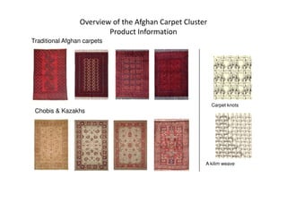 Overview of the Afghan Carpet Cluster
Product Information
Traditional Afghan carpets
Carpet knots
A kilim weave
Chobis & Kazakhs
 