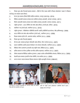 AWARDS/HONOURS (पुरस्कार/सम्मान)
1 | P a g e
1. लिम्का बुक ऑफ ररकार्डसस 2015 सम्मान – हिंदी के लिए प्रथम वर्सनी परीक्षक सॉफ़्टवेयर ‘सक्षम’ के लवकास
कायस िंेर्ु उक्त सम्मान प्रदान ककया।
2. प्रेरणा पुुंज सम्मान (लवदर्स हिंदी सालिंत्य सम्मेिन, नागपुर (मिंाराष्ट्र) - 2014)
3. लवलिष्ट अकादमी सम्मान (पुंजाब किा सालिंत्य (पुंकस) अकादमी, जािुंधर (पुंजाब) - 2011)
4. लविेष अकादमी सम्मान (पुंजाब किा सालिंत्य (पुंकस) अकादमी, जािुंधर (पुंजाब) - 2011)
5. राष्ट्रीय पुरस्कार - आउट स्टैंहिंग युंग पससन ऑफ़ इुंलिंया ( जे.सी.आई. इुंलिंया - 2010)
6. ग्वालियर रत्न (जे.सी.आई. ग्वालियर (म.प्र.) - 2010)
7. राष्ट्रीय पुरस्कार - केलवनकेयर एलबलिटी मास्टरर अवॉिंस (एलबलिटी फ़ाउण्िंेिन, चैन्ने (र्लमिनािंू) - 2008)
8. आउट स्टैंहिंग युंग पससन ऑफ़ ग्वालियर (जे.सी.आई., ग्वालियर (म.प्र.) - 2008)
9. लिक्षक सम्मान (बी.जे.पी. अध्यापक प्रकोष्ठ, ग्वालियर (म.प्र.) - 2008)
10. लिम्का बुक ऑफ़ ररकार्डसस (2007)
11. सी.एस.आई. सम्मान (कुंप्यूटर सोसाइरट ऑफ़ इुंलिंया, चैप्टर र्ोपाि (म.प्र.) - 2007)
12. प्रर्ार् एक्सीिेंस अवॉिंस (प्रर्ार् वैिफ़े यर एण्िं सोिि सोसाइरट, ग्वालियर (म.प्र.) - 2007)
13. लवकदिा गौरव अिुंकरण (रर्निी िािं स्मृलर् न्यास, लवकदिा (म.प्र.) - 2007)
14. क्षलिय समाज का गौरव (अलिि र्ारर्ीय क्षलिय मिंासर्ा, ग्वालियर (म.प्र.) - 2007)
15. श्रीमुंर् माधवराव हसलधया प्रावीण्य पुरस्कार ( सम्राट अिोक अलर्याुंलिकीय सुंस्थान, लवकदिा (म.प्र.) - 2005)
16. मेधावी छाि सम्मान (नागररक सेवा सलमलर्, गुंज बासौदा (म.प्र.) - 2005)
17. र्ारर् सरकार मानव सुंसाधन लवकास मुंिािय राष्ट्रीय छािवृलि योजना (1996-97)
मध्य-प्रदेि के राज्यपाि मिंामलिंम िंॉ॰ बिराम जािड़ श्री जगदीप
हसिं दाुंगी को सम्मालनर् करर्े हुए।
लिंमाचि प्रदेि उच्च न्यायािय की जलस्टस िीिा सेठ श्री जगदीप हसिं
दाुंगी को राष्ट्रीय अवािंस (केलवनकेयर अलबलिरट मैस्टरी अवािंस –
2008) प्रदान करर्ी हुईं।
 