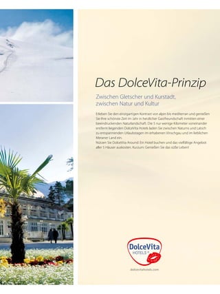 Natürlich gepflegt — ­ nsere BERG Packages
                     u




Sonnenstrahl — Bio-Gesichtspflege                       Edelweiß-Straffung
                                                        Anti-Aging pur
Reinigung, Marmor-Peeling, Tiefenreinigung, Augen­
brauenregulie­ ung, kühlendes Kräutertonic, Gesichts­
             r                                          •• 1 Vinschgauer Marmor-Peeling
maske mit straffender Edelweiß-Augencreme,              •• 1 Edelweißbad
Gesichts­massage mit ­Alpenrose-Gesichtscreme           •• 1 Salbung mit Edelweiß-Bodylotion
ca. 85 min.				                          € 92,–         •• 1 Edelweiß Gesichts- und Kopfmassage
                                                        ca. 80 min.				                         € 77,–
Marillenpflege
Duftend und pflegend                                    Alpenrose Vital
                                                        Anregend und durchblutungsfördernd
•• 1 Maniküre mit Marillen-Handmassage
•• 1 Marillen-Körperpackung (Bodylotion)                •• 1 Fußbad
ca. 80 min.				                          € 77,–         •• 1 Fußmassage mit Alpenrosen-Fußcreme
                                                        •• 1 Alpenrosen-Stempelmassage
Vinschgauer Naturgeheimnis                              ca. 50 min.				                       € 65,–
Ausgleichend und regenerierend

•• 1 Wacholderbad                                       Berg Heil
                                                        Belohnung für Gipfelstürmer
•• 1 Vinschgauer Gewürzstempel-Massage
                                                        (1–2 Behandlungstage)
ca. 80 min.				                        € 77,–
                                                        •• 1 Thymian Fußbad
                                                        •• 1 Fuß/Bein-Sportmassage mit Arnikaöl
                                                        •• 1 Rücken-Intensivmassage
                                                        					€ 109,–




                                                                                                         23
 