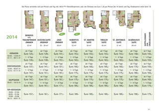 32 m²

TOP-HOCHSAISON
18.04. - 21.04.
29.05. - 01.06.
19.06. - 22.06.
26.12. - 06.01.15

50 m²

45 m²

51 m²

64 m²

ab 7 Tage

ab 7 Tage

ab 7 Tage

ab 7 Tage

ab 7 Tage

ab 7 Tage

ab 7 Tage

ab 7 Tage

Euro 125,-

Euro 129,-

Euro 141,-

Euro 153,-

Euro 153,-

Euro 153,-

Euro 153,-

Euro 158,-

Euro 143,-

1 - 6 Tage

1 - 6 Tage

1 - 6 Tage

1 - 6 Tage

1 - 6 Tage

1 - 6 Tage

1 - 6 Tage

1 - 6 Tage

1 - 6 Tage

Euro 135,-

Euro 139,-

Euro 151,-

Euro 163,-

Euro 163,-

Euro 163,-

Euro 163,-

Euro 168,-

Euro 153,-

ab 7 Tage

ab 7 Tage

ab 7 Tage

ab 7 Tage

ab 7 Tage

ab 7 Tage

ab 7 Tage

ab 7 Tage

Euro 137,-

Euro 141,-

Euro 151,-

Euro 165,-

Euro 165,-

Euro 165,-

Euro 165,-

Euro 170,-

Euro 155,-

1 - 6 Tage

1 - 6 Tage

1 - 6 Tage

1 - 6 Tage

1 - 6 Tage

1 - 6 Tage

1 - 6 Tage

1 - 6 Tage

1 - 6 Tage

Euro 147,-

Euro 151,-

Euro 161,-

Euro 175,-

Euro 175,-

Euro 175,-

Euro 175,-

Euro 180,-

Euro 165,-

ab 7 Tage

ab 7 Tage

ab 7 Tage

ab 7 Tage

ab 7 Tage

ab 7 Tage

ab 7 Tage

ab 7 Tage

Euro 147,-

Euro 151,-

Euro 161,-

Euro 175,-

Euro 175,-

Euro 175,-

Euro 175,-

Euro 180,-

Euro 165,-

1 - 6 Tage

1 - 6 Tage

1 - 6 Tage

1 - 6 Tage

1 - 6 Tage

1 - 6 Tage

1 - 6 Tage

1 - 6 Tage

1 - 6 Tage

Euro 157,-

HAUPTSAISON
05.07. - 18.10.14

53 m²

ab 7 Tage

ZWISCHENSAISON
12.04. - 05.07.14
18.10. - 01.11.14

39 m²

ab 7 Tage

VORSAISON
03.04. - 12.04.14
01.11. - 09.11.14

35 - 39 m²

ab 7 Tage

2014

DOPPELZIMMER
ZUR
EINZELBELEGUNG

Die Preise verstehen sich pro Person und Tag inkl. Aktiv+Plus Genießerpension, exkl. der Ortstaxe von Euro 1,30 pro Person (ab 14 Jahre) und Tag. Kinderpreise siehe Seite 19.

Euro 161,-

Euro 171,-

Euro 185,-

Euro 185,-

Euro 185,-

Euro 185,-

Euro 190,-

Euro 175,-

Euro 157,-

Euro 161,-

Euro 171,-

Euro 185-

Euro 185,-

Euro 185,-

Euro 185,-

Euro 190,-

Euro 175,-

NEU

BERGFEX

NEU

oder

TRAUMFÄNGER KUSCHELSUITE
ZIMMER
JAGDHOF

JAGD
ZIMMER

HUBERTUS
SUITE

ST. MARTIN
SUITE

TIROLER
SUITE

ST. ANTONIUS
SUITE

ALMRAUSCH
SUITE

51

 
