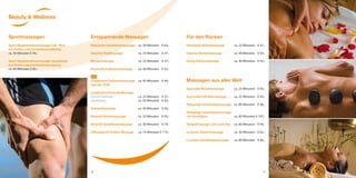 Sportmassagen
Sport-Regenerationsmassage Fuß / Bein
mit Arnika-Latschenkiefereinreibung
ca. 50 Minuten € 59,-
Sport-Regenerationsmassage Ganzkörper
mit Arnika-Latschenkiefereinreibung
ca. 65 Minuten € 83,-
Entspannende Massagen
Klassische Ganzkörpermassage ca. 50 Minuten € 62,-
Gesichts-Kopfmassage ca. 25 Minuten € 37,-
Rückenmassage ca. 25 Minuten € 37,-
Klassische Fußzonenmassage ca. 40 Minuten € 53,-
Chinesische Fußzonenmassage ca. 45 Minuten € 49,-
(aus der TCM)
Lymphstimulierende Massage
Gesicht und Hals ca. 25 Minuten € 37,-
Ganzkörper ca. 50 Minuten € 62,-
Aromaölmassage ca. 50 Minuten € 62,-
Rosenöl-Rückenmassage ca. 25 Minuten € 45,-
Rosenöl-Ganzkörpermassage ca. 50 Minuten € 79,-
Silberquarzit Urstein-Massage ca. 75 Minuten € 115,-
Für den Rücken
Klassische Rückenmassage ca. 25 Minuten € 37,-
Intensiv-Rückenmassage ca. 40 Minuten € 55,-
Honig-Rückenmassage ca. 40 Minuten € 55,-
Massagen aus aller Welt
Ayurveda-Rückenmassage ca. 25 Minuten € 45,-
Ayurveda-Fuß-Beinmassage ca. 25 Minuten € 45,-
Abhyanga-Ganzkörpermassage ca. 80 Minuten € 94,-
Abhyanga-Ganzkörpermassage
mit Stirnölguss ca. 85 Minuten € 107,-
Tempelmassage Lomi Lomi Nui ca. 80 Minuten € 94,-
La Stone -Rückenmassage ca. 50 Minuten € 62,-
La Stone-Ganzkörpermassage ca. 80 Minuten € 94,-
2120
Beauty & Wellness
NEU
 