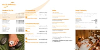 Von Kopf bis Fuß
Handpflege
Maniküre ohne Lack ca. 40 Minuten € 45,-
Maniküre mit Lack ca. 55 Minuten € 55,-
French Maniküre ca. 70 Minuten € 70,-
Maniküre mit Shellac ca. 75 Minuten € 78,-
Fußpflege
Pediküre ohne Lack ca. 40 Minuten € 48,-
Pediküre mit Lack ca. 55 Minuten € 58,-
French Pediküre ca. 70 Minuten € 73,-
Pediküre mit Shellac ca. 75 Minuten € 80,-
Depilation
Bein – bis zum Knie ca. 25 Minuten € 34,-
Bein – ganz + Leiste ca. 50 Minuten € 50,-
Achsel oder Leiste ca. 15 Minuten € 21,-
Oberlippe ca. 10 Minuten € 16,-
Oberlippe / Kinn ca. 15 Minuten € 21,-
Körperpeelings
Osmo Thermy Salzpeeling ca. 40 Minuten € 65,-
BERG Laaser Marmor-Peeling ca. 40 Minuten € 48,-
Milch-Lychee-Zucker-Peeling ca. 40 Minuten € 51,-
NEU!
Körperbehandlungen
Thermy Salzbehandlung ca. 55 Minuten € 70,-
Cellulite VIB ca. 55 Minuten € 70,-
Slim & Lift NEU! ca. 80 Minuten € 105,-
Ägyptos-Vitalwickel 1 Wickel 60 Minuten € 75,-
Unser Spezialangebot:
Buchen Sie 3 Wickel und zahlen Sie nur 2!
Spa-Therapie Milch & Lychee ca. 70 Minuten € 85,-
NEU!
Spa-Therapie Schokolade & Kaffee ca. 70 Minuten € 85,-
Bäder
1000-Sinne-Bad
Vanille-Orangenblüten-Badl
Aktivierend und entschlackend
Wacholderbadl
Romantisch revitalisierend und pflegend
Baccara-Rosenblütenbadl
Entspannend und beruhigend
Melissenbadl
Reinigend, wärmend und erfrischend
Salbeibadl
Entzündungshemmend und entspannend
Thymian- und Lavendelbadl
Harmonisierend und hautstraffend
Edelweißbadl
1 Person inkl. Ruhephase und 1 Glas Prosecco
ca. 45 Minuten € 68,-
2 Personen inkl. Ruhephase und 2 Gläser Prosecco
ca. 45 Minuten € 74,-
Reine Kopfsache
Unser Friseursalon
Unsere Friseurin freut sich, Sie direkt bei uns im Jagdhof be-
grüßen zu dürfen. Vereinbaren Sie einfach einen Termin an
der Rezeption oder in der Beauty-Lounge.
Für die Dame
Waschen, Legen € 27,-
Waschen, Föhnen € 20,- bis € 45,-
Schneiden € 27,-
Balsam, Schaumfestiger, Haarspray, Gel, Ampulle € 5,-
Packung € 12,-
Für den Herrn
Waschen, Schneiden, Föhnen € 27,-
NEU
NEU
NEU
NEU
2322
Beauty & Wellness
 