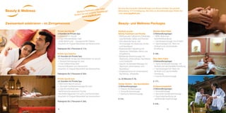 Zweisamkeit zelebrieren – im Zirmgeheimnis
Private Spa Klassik
2 Stunden im Private Spa
• Liebesbadl im Jacuzzi
• 2 Glas Holunderblüten-Sekt
•„Süße Verführung“ – hausgemachte Pralinés
• Kuscheln im Doppel-Wasserbett bei Kerzenschein
Paketpreis für 2 Personen € 114,-
Private Spa Superior
2,5 Stunden im Private Spa
• Romantikbadl mit Baccara-Rosenblüten im Jacuzzi
• 1 Rosenöl-Teilmassage für zwei
• 2 Glas Erdbeerblütensekt
• Frische Erdbeeren zum Vernaschen
• Kuscheln im Doppel-Wasserbett bei Kerzenschein
Paketpreis für 2 Personen € 204,-
Private Spa de luxe
2,5 Stunden im Private Spa
• 1000-Sinne-Bad im Jacuzzi
• 1 Aromaöl-Ganzkörpermassage für zwei
• 2 Glas Arunda Rosé Sekt
• Verführerische, exotische Früchte
• Herzhafte Häppchen mit Lachs und Rohschinken
• Kuscheln im Doppel-Wasserbett bei Kerzenschein
Paketpreis für 2 Personen € 264,-
Beauty- und Wellness-Packages
Rundum g’sund –
Belvita Treatment von Piroche
• Wohltuendes Fußbad mit Zirbelkiefer,
Latschenkiefer, Salbei und Thymian
• Stimulierende Hand- und
Armmassage mit Alpenrose, Arnika
und Nachtkerze
• Vitalisierendes Fußpeeling mit
Alpenrose, Zirbelkiefer, Malve und
Ringelblume
• Belebende Körpermassage mit
Alpenrose, Johanniskraut, Nachtkerze
und Zirbelkiefer
• Gesicht- & Dekolleté-Massage mit
Alpenrose, Johanniskraut und
Nachtkerze
• Körperpackung mit Johanniskraut,
Nachtkerze, Zirbelkiefer
ca. 50 Minuten € 78,-
Starker Rücken – das Spezialpaket
(3 Behandlungstage)
• 1 Intensiv-Rückenmassage
• 1 Honig-Rückenmassage
• 1 klassische Rückenmassage
€ 132,-
Wander-Aktiv-Paket
(3 Behandlungstage)
• 1 BERG Alpenrose
Gesichtsbehandlung
• 1 Ganzkörpermassage mit Arnikaöl
• 1 Sportmassage Fuß / Bein mit
Arnikaöl und Latschenkiefer-
Einreibung
€ 189,-
Bike-Aktiv-Paket
(3 Behandlungstage)
• 1 Sport-Ganzkörpermassage mit
Arnikaöl und Latschenkiefer-Einreibung
• 1 Sportmassage Fuß / Bein mit
Arnikaöl und Latschenkiefer-
Einreibung
• 1 Intensiv-Rückenmassage
€ 177,-
Entspannungspaket
(3 Behandlungstage)
• 1 Aromaölmassage
• 1 Ayurveda-Ganzkörpermassage
• 1 Gesichtsbehandlung mit
wohltuender Kopfmassage
€ 239,-
Bei einer Buchung ab 3 Behandlungen pro Person erhalten Sie auf jede
Behandlung 10 % Ermäßigung. Alle Infos zu den Behandlungen finden Sie
unter www.jagdhof.com
Weitere Packages oder Infos
finden Sie auf unserer Homepage
www.jagdhof.com
2524
Beauty & Wellness
 