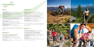 32
Inklusivleistungen
Bike+Plus
• 12 geführte Touren an 7 Tagen pro Woche
• Techniktraining im Bike-Geschicklichkeitsparcours
• Fachmagazine im Zimmer: BIKE, MountainBIKE, TOUR,
Roadbike und Pedaliero
• Bike-Energiepaket: Trinkflasche mit MAXIM Energy-Drink
und -Riegel
• Kostenloser Verleih von Garmin GPS-Geräten mit mehr
als 80 Tourentracks, plus farbige Kartenausdrucke Ihrer ge-
wünschten Touren & Trails
• Bike-Testcenter: KS-Sattelstützen, SQLab-Sättel,
5.10-Schuhe, IXS-Schoner & Helme, Evoc-Rucksäcke
• Extras: Kostenloser Hardtail-Verleih und Bikewäsche-Service
• Sonderkonditionen im MAXX Bike-Shop
• Insider-Infos von Ihrem Gastgeber Martin Pirhofer
Geringe Teilnahmegebühren bei geführten Biketouren und
evtl. Gebühren für Shuttles und / oder Seilbahnen können
anfallen.
Running+Plus
• Wöchentlich im Jagdhof-Aktivprogramm:
3 x Joggen mit Chefin Ruth Pirhofer
• Aktiv-Testcenter: Für jeden Run den passenden
Lowa-Laufschuh und die Garmin Pulsuhr„Forerunner“
ausprobieren
• Extras für den Lauf: Trinkgurt und MAXIM Energy-Drink
Wandern+Plus
• Touren: 5 geführte Wanderungen pro Woche
• Aktiv-Testcenter: Aktuelle Trekking- bzw. Wanderschuh-
modelle von Lowa und Trekkingstöcke von Leki sowie
GPS-Geräte von Garmin zum kostenlosen Ausprobieren
• Kostenloser Verleih eines Wanderrucksacks
(bei Ankunft auf dem Zimmer) während des Aufenthalts
• Energiepaket: MAXIM Energy-Drink in der Trinkflasche
und Energy-Riegel für jede Wanderung
• Wandermappe mit 70 Tourentipps am Info-Point,
alle Touren sind als GPS-Tracks vorhanden
Geringe Teilnahmegebühren bei geführten Wanderungen
und evtl. Gebühren für Shuttles und / oder Seilbahnen
können anfallen.
Fitness+Plus
• Heller Panorama-Fitnessraum mit top Technogym-
Geräten und herrlichem Blick in die Obstgärten
• Umfangreiches Aktiv- & Fitnessprogramm
mit Indoor-Fitness-Kursen und Outdoor-Aktivitäten
• Professionelle Betreuung durch qualifizierte Mitarbeiter
• Energiepaket: Trinkgurt mit MAXIM Energy-Drink
und -Riegel
• Aktiv-Testcenter: Lowa-Outdoorschuhe,
Carbon-Stöcke von Leki sowie GPS-Geräte und Pulsuhren
von Garmin zum Ausprobieren
 