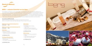 1716
Beauty & Wellness
BERG — exklusive Schönheit aus der Natur
Zehn Heilkräuter und Pflanzen aus den Südtiroler Alpen – aus biologischem Anbau oder kontrollierter Wildsammlung –
sind die Basis der bio-zertifizierten Kosmetiklinie BERG, die die DolceVita-Hotels zusammen mit Kosmetik-Experten entwickelt
haben. Frei von künstlichen Farb- und Konservierungsstoffen, von Mineralöl und Paraffinen, unterstützt BERG mit mehr als
15 Körperpflege-Produkten – von Bodylotion über Sonnencreme bis Badesalz – und diversen Beauty-Behandlungen die Re-
generation von Körper und Geist. Genießen Sie wohltuende Anwendungen bei uns im Jagdhof, in anderen DolceVita-Hotels
– oder nehmen Sie Produkte mit nach Hause und gönnen Sie sich eine Südtirol-Auszeit, wann immer Sie möchten.
Die kostbarsten BERG-Rohstoffe
Alpenrose, Edelweiß, Arnika, Vinschgauer Marille, Vinschgauer Marmorgranulat.
Weitere wichtige BERG-Inhaltsstoffe: Salbei, Wacholder, Thymian, Minze und Lavendel.
BERG Alpenrose Gesichtsbehandlung für Sie
85 Minuten € 89,-
BERG Mountain Man Gesichtsbehandlung für Ihn
85 Minuten € 89,-
BERG Pflege
duftend und pflegend
• 1 Maniküre mit Marillen-Handmassage
• 1 Marillen-Körperpackung (Bodylotion)
ca. 80 Minuten € 84,-
Vinschgauer Naturgeheimnis
ausgleichend und regenerierend
• 1 Wacholderbad
• 1 Vinschgauer Gewürzstempel-Massage
ca. 80 Minuten € 88,-
BERG Erlebnis
Anti-Aging pur
• 1 Vinschgauer Marmor-Peeling
• 1 Edelweißbad
• 1 Salbung mit Edelweiß-Bodylotion
• 1 Edelweiß Gesichts- und Kopfmassage
ca. 80 Minuten € 88,-
BERG Erholung
anregend und durchblutungsfördernd
• 1 Fußbad
• 1 Fußmassage mit Salbei-Fußcreme
• 1 Alpenrosen-Stempelmassage
ca. 50 Minuten € 65,–
 