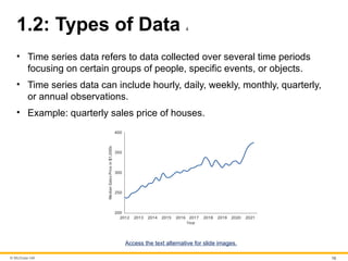© McGraw Hill 10
1.2: Types of Data 4
• Time series data refers to data collected over several time periods
focusing on certain groups of people, specific events, or objects.
• Time series data can include hourly, daily, weekly, monthly, quarterly,
or annual observations.
• Example: quarterly sales price of houses.
Access the text alternative for slide images.
 