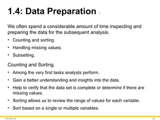 © McGraw Hill 19
1.4: Data Preparation 1
We often spend a considerable amount of time inspecting and
preparing the data for the subsequent analysis.
• Counting and sorting.
• Handling missing values.
• Subsetting.
Counting and Sorting.
• Among the very first tasks analysts perform.
• Gain a better understanding and insights into the data.
• Help to verify that the data set is complete or determine if there are
missing values.
• Sorting allows us to review the range of values for each variable.
• Sort based on a single or multiple variables.
 