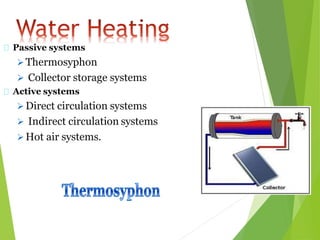 Passive systems
 Thermosyphon
 Collector storage systems
Active systems
 Direct circulation systems
 Indirect circulation systems
 Hot air systems.
 