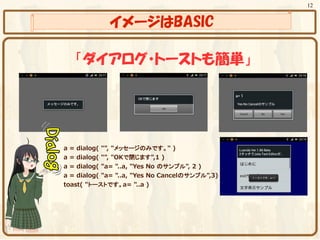12


             イメージはBASIC

   「ダイアログ・トーストも簡単」




a = dialog( "", "メッセージのみです。" )
a = dialog( "", "OKで閉じます",1 )
a = dialog( "a= "..a, "Yes No のサンプル", 2 )
a = dialog( "a= "..a, "Yes No Cancelのサンプル",3)
toast( "トーストです。a= "..a )
 