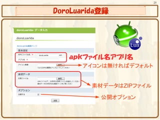 25


DoroLuarida登録




   ａｐｋファイル名アプリ名
      アイコンは無ければデフォルト


         素材データはZIPファイル

           公開オプション
 
