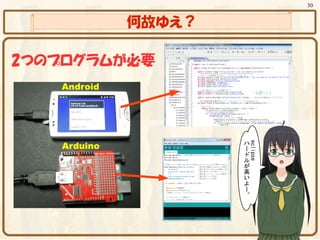 30


             何故ゆえ？

2つのプログラムが必要
   Android




   Arduino
 