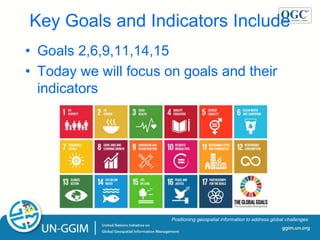 ggim.un.org
Positioning geospatial information to address global challenges
Key Goals and Indicators Include
• Goals 2,6,9,11,14,15
• Today we will focus on goals and their
indicators
 