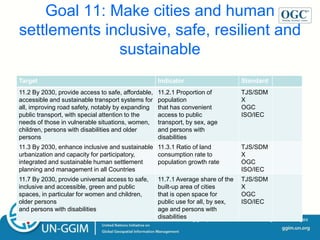 ggim.un.org
Positioning geospatial information to address global challenges
Goal 11: Make cities and human
settlements inclusive, safe, resilient and
sustainable
Target Indicator Standard
11.2 By 2030, provide access to safe, affordable,
accessible and sustainable transport systems for
all, improving road safety, notably by expanding
public transport, with special attention to the
needs of those in vulnerable situations, women,
children, persons with disabilities and older
persons
11.2.1 Proportion of
population
that has convenient
access to public
transport, by sex, age
and persons with
disabilities
TJS/SDM
X
OGC
ISO/IEC
11.3 By 2030, enhance inclusive and sustainable
urbanization and capacity for participatory,
integrated and sustainable human settlement
planning and management in all Countries
11.3.1 Ratio of land
consumption rate to
population growth rate
TJS/SDM
X
OGC
ISO/IEC
11.7 By 2030, provide universal access to safe,
inclusive and accessible, green and public
spaces, in particular for women and children,
older persons
and persons with disabilities
11.7.1 Average share of the
built-up area of cities
that is open space for
public use for all, by sex,
age and persons with
disabilities
TJS/SDM
X
OGC
ISO/IEC
 