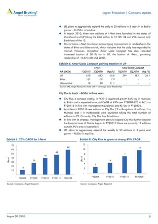 Jagran Prakashan | Company Update



                                                       JPL plans to aggressively expand the daily to 20 editions in 3 years in its bid to
                                                       garner ~Rs150cr in top-line.
                                                       In March 2010, three new editions of i-Next were launched in the states of
                                                       Jharkhand and UP taking the total edition to 12. IRS 1Q and 2Q covered only
                                                       8 editions of the 12.
                                                       On ror basis, i-Next has shown encouraging improvement in readership in the
                                                       states of Bihar and Uttaranchal, which indicates that the daily has expanded its
                                                       market. However, competitor Amar Ujala Compact has also recorded
                                                       increased traction of 38.1% ror in UP, the bastion of i-Next, garnering
                                                       readership of ~0.5mn (IRS 2Q 2010).

                                                  Exhibit 6: Amar Ujala Compact gaining traction in UP
                                                                                                 i-Next                     Amar Ujala Compact
                                                  AIR ('000s)             1Q2010                2Q2010       chg (%)     1Q2010      2Q2010    chg (%)
                                                  UP                                     618         613       (0.8)        349         482       38.1
                                                  Bihar                                  101         109           7.9           -        -          -
                                                  Uttaranchal                            18             20     11.1              -        -          -
                                                  Source: IRS, Angel Research; Note: AIR = Average Issue Readership


                                                  City Plus to touch ~Rs50cr in three years

                                                       City Plus, a compact weekly, in FY2010 registered growth 66% yoy in revenues
                                                       to Rs4cr and is expected to record CAGR of 49% over FY2010-12E to Rs7cr in
                                                       FY2011E (in line with management guidance) and Rs10cr in FY2012E.
                                                       As at March 2010, 8 new editions of City Plus ( 2 in Bangalore, 4 in Pune, 1 in
                                                       Mumbai and 1 in Hyderabad) were launched taking the total number of
                                                       editions to 22. Currently, City Plus has 24 editions.
                                                       In-line with its strategy, management plans to expand City Plus further beyond
                                                       the footprint area of Dainik Jagran in FY2011E (there are currently 18 editions
                                                       outside JPL’s area of operation).
                                                       JPL plans to aggressively expand the weekly to 50 editions in 3 years and
                                                       garner ~Rs50cr in top-line.

Exhibit 7: 23% CAGR for i-Next                                        Exhibit 8: City Plus to grow at strong 49% CAGR

          70                                                                 12
                                                          60                                                                              10
          60                                                                 10
                                             48
          50                                                                         8                                       7
                                    40
                                                                       (Rs cr)




          40
(Rs cr)




                                                                                     6
                          28                                                                                   4
          30
                                                                                     4           3
          20
                 11                                                                  2
          10
                                                                                 -
          -
                                                                                               FY2009        FY2010       FY2011E       FY2012E
               FY2008   FY2009    FY2010   FY2011E     FY2012E

Source: Company, Angel Research                                        Source: Company, Angel Research




August 30, 2010                                                                                                                                      5
 